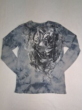 Affliction Y2K Gray Tie-Dye Angel Graphic Long Sleeve Tee